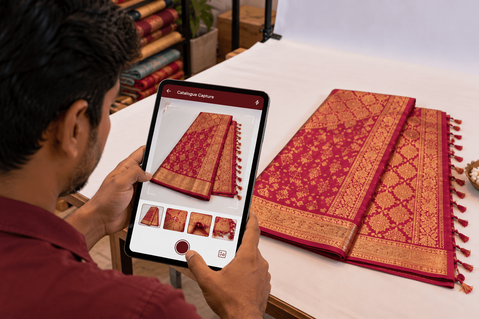 A retailer photographing a flat-lay saree with the Wearify catalogue capture app on a tablet