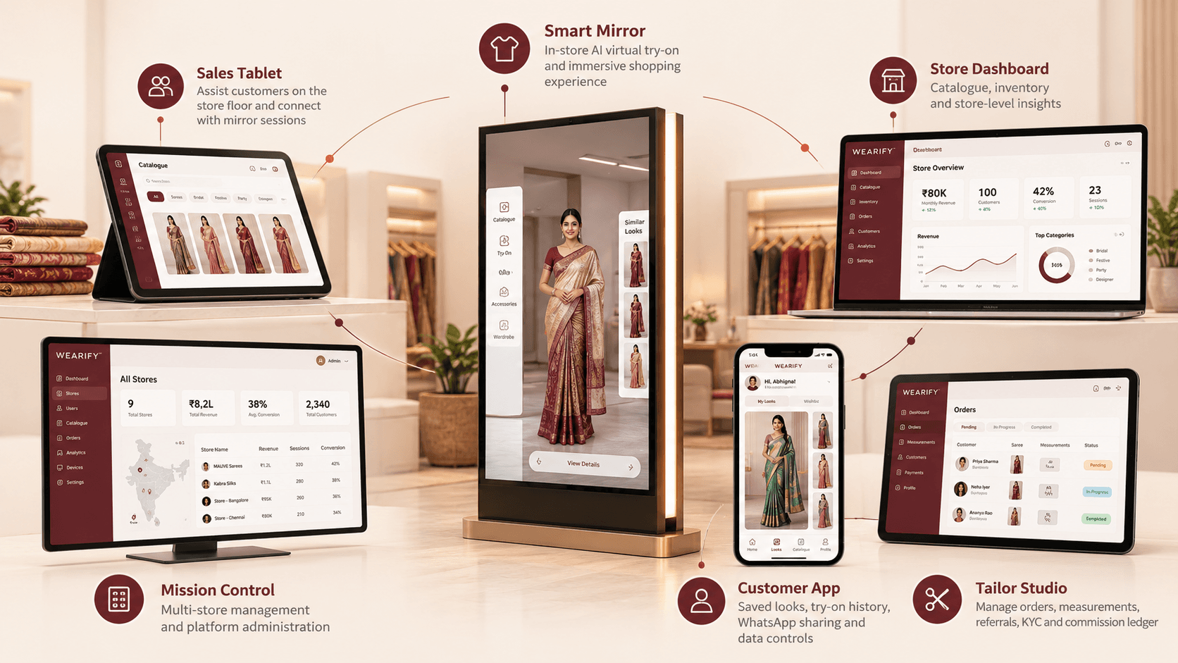 The Wearify ecosystem: connected mirror, tablet, dashboard and app screens working together in a saree store