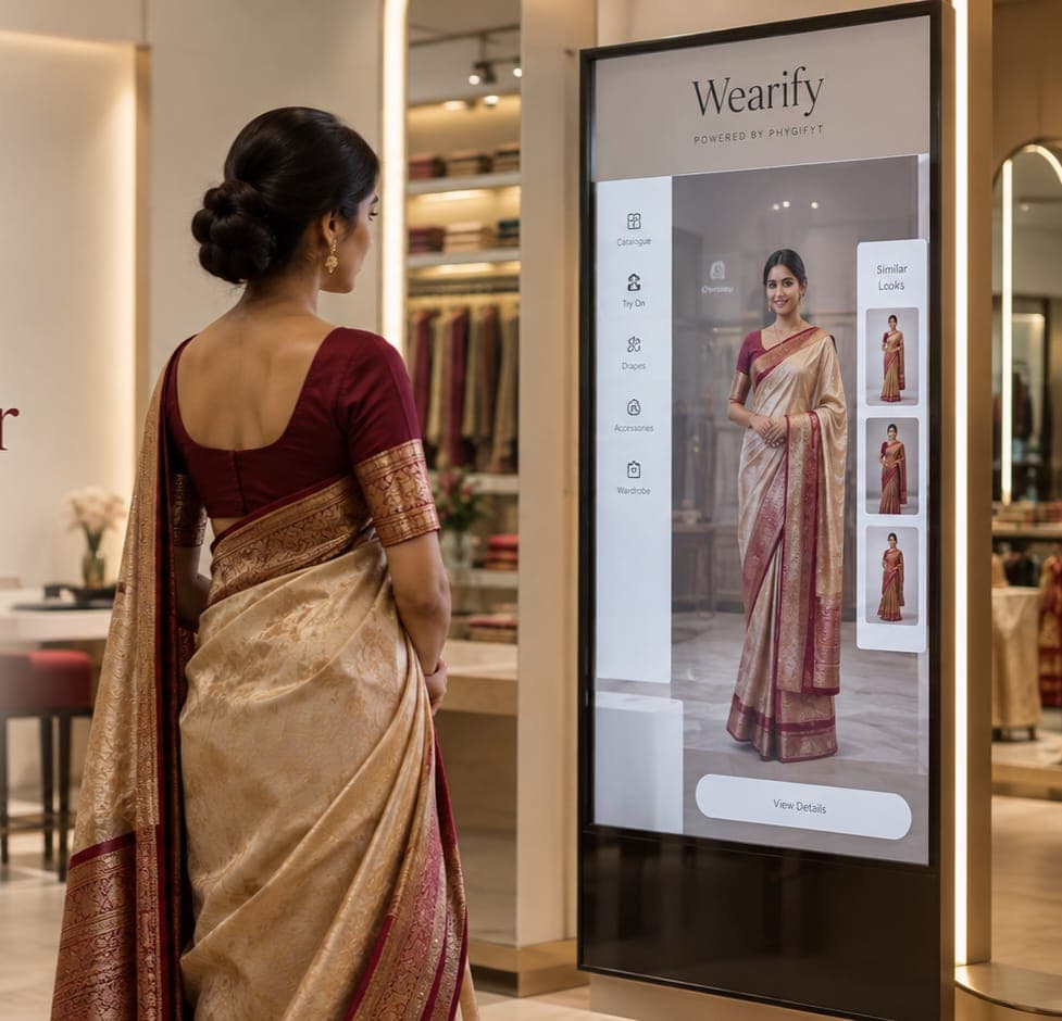 A shopper in a saree standing in front of the Wearify Smart Mirror showing her virtual try-on