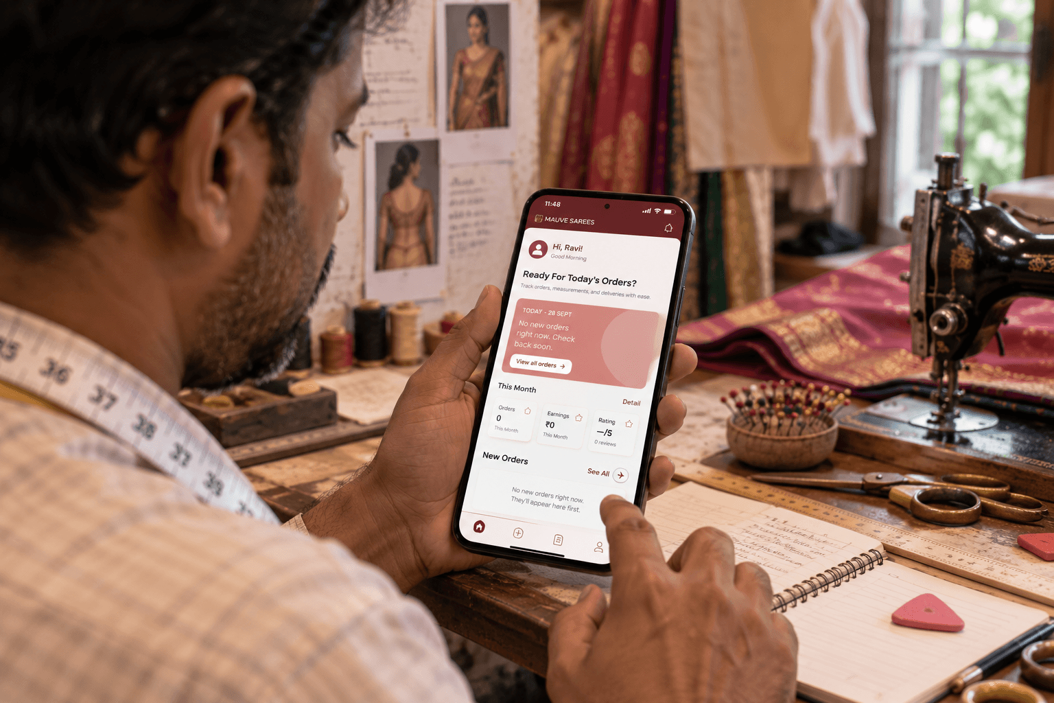 A tailor using Wearify Tailor Studio on his phone at his workbench