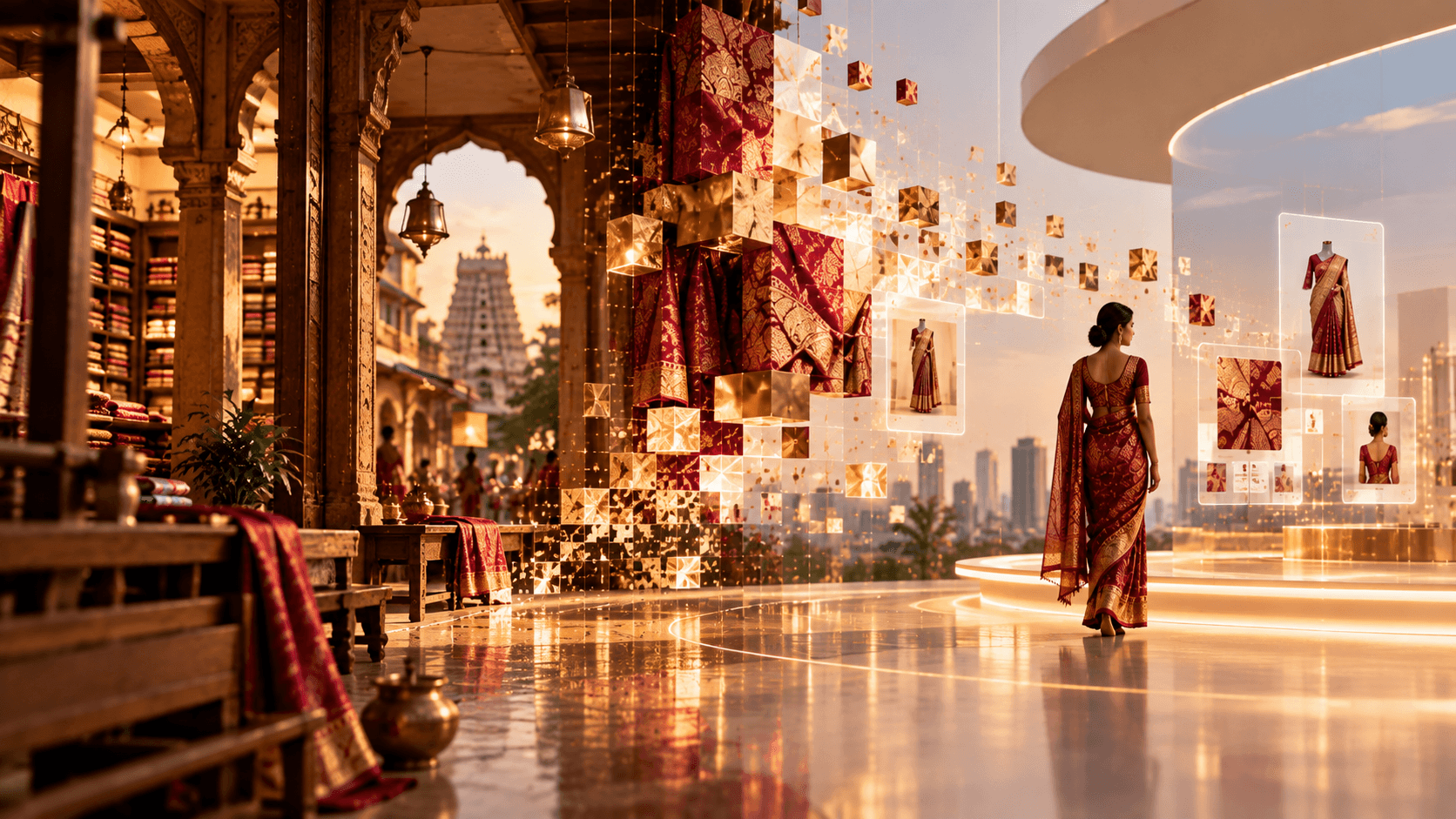 A woman in a silk saree walking from a traditional saree store into a modern digital space where sarees appear as floating product images