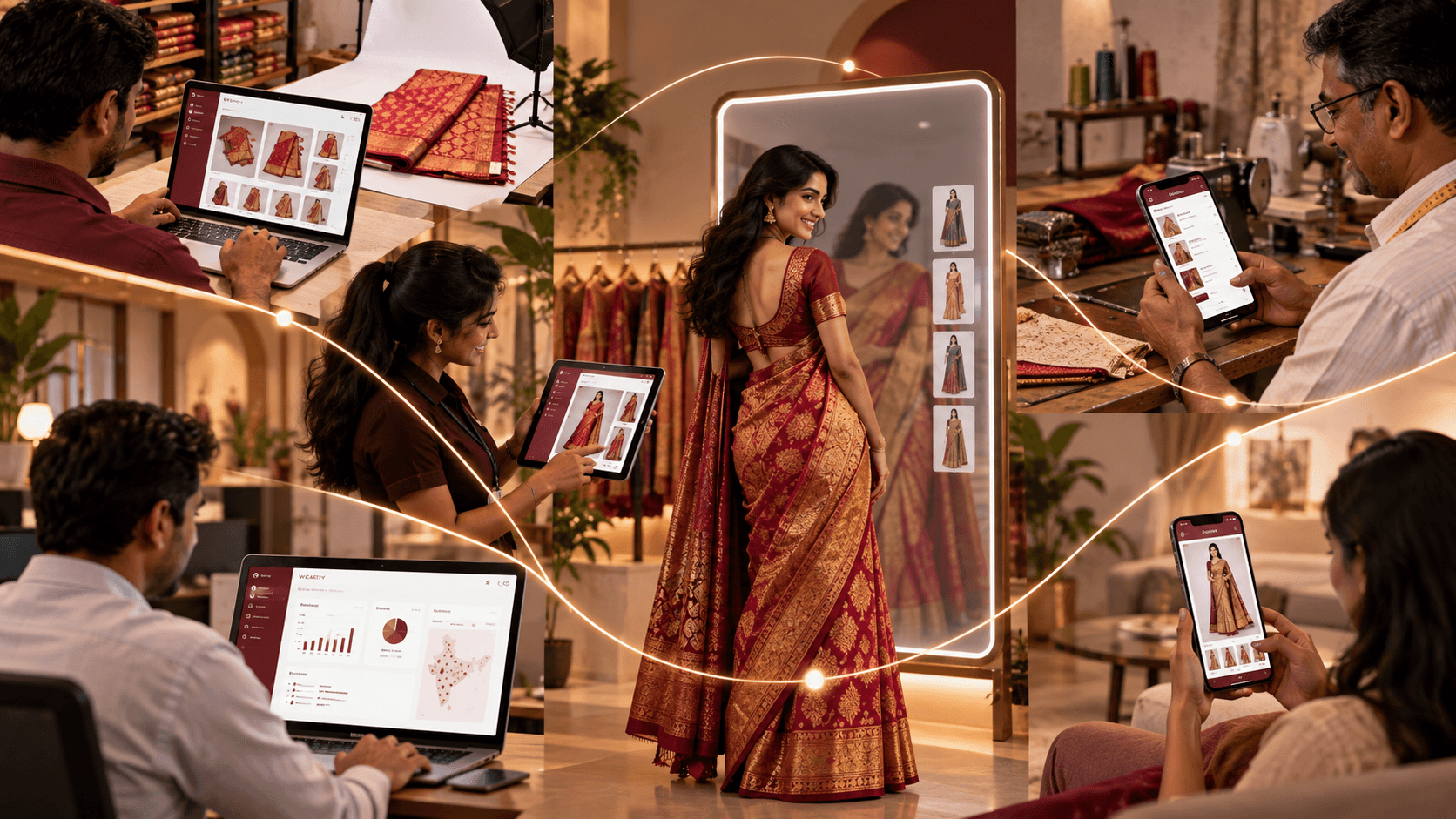 A shopper trying on a saree at the Wearify Smart Mirror, connected to store staff, the retailer, a tailor and a customer on their devices